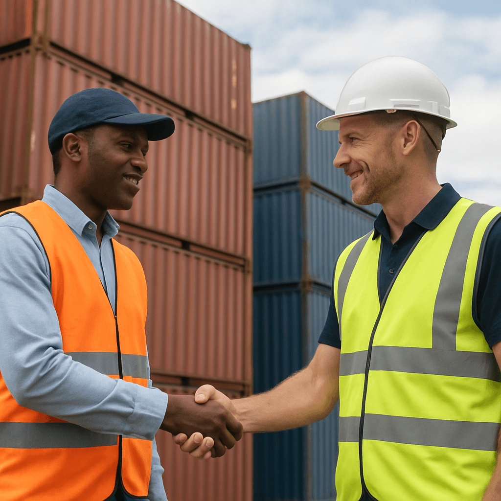 SP Logistics team — professionals shaking hands in front of shipping containers