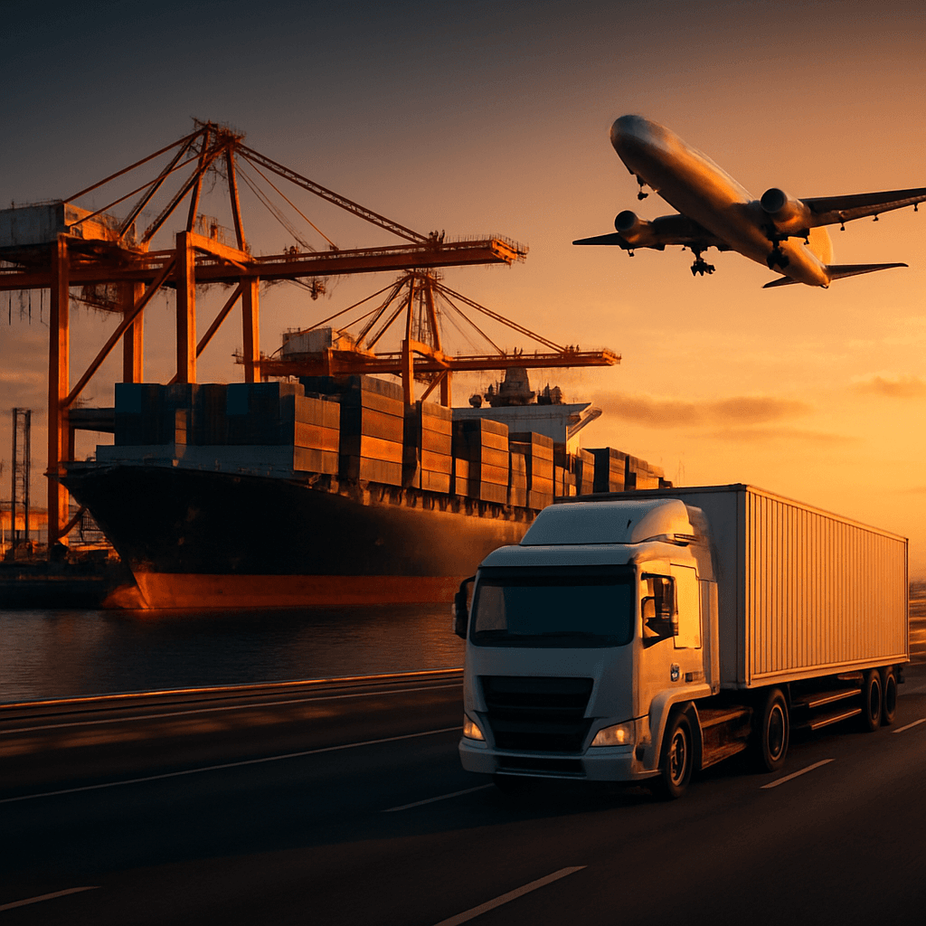 Global logistics — cargo planes, container ships, and trucks in motion