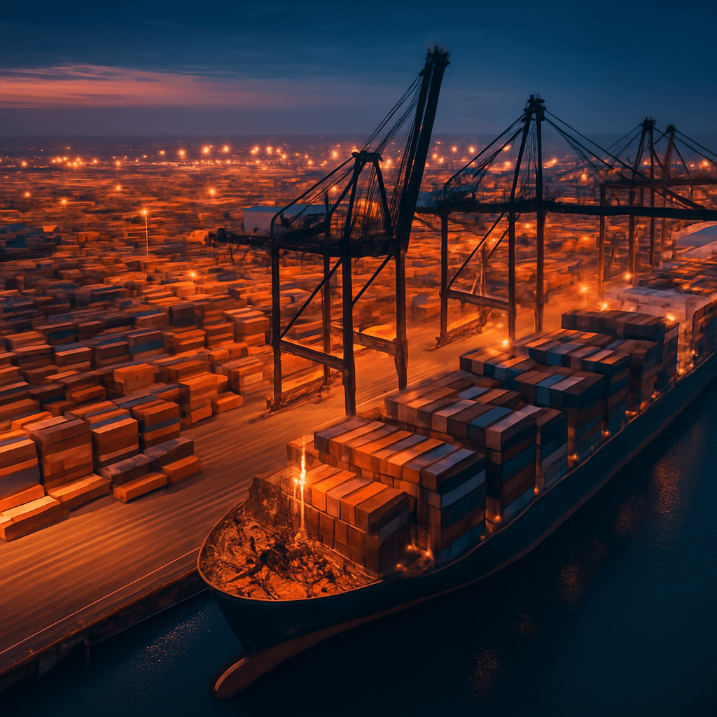 Aerial view of container port at dusk