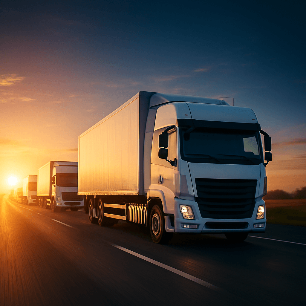 Road freight trucks on highway at sunrise
