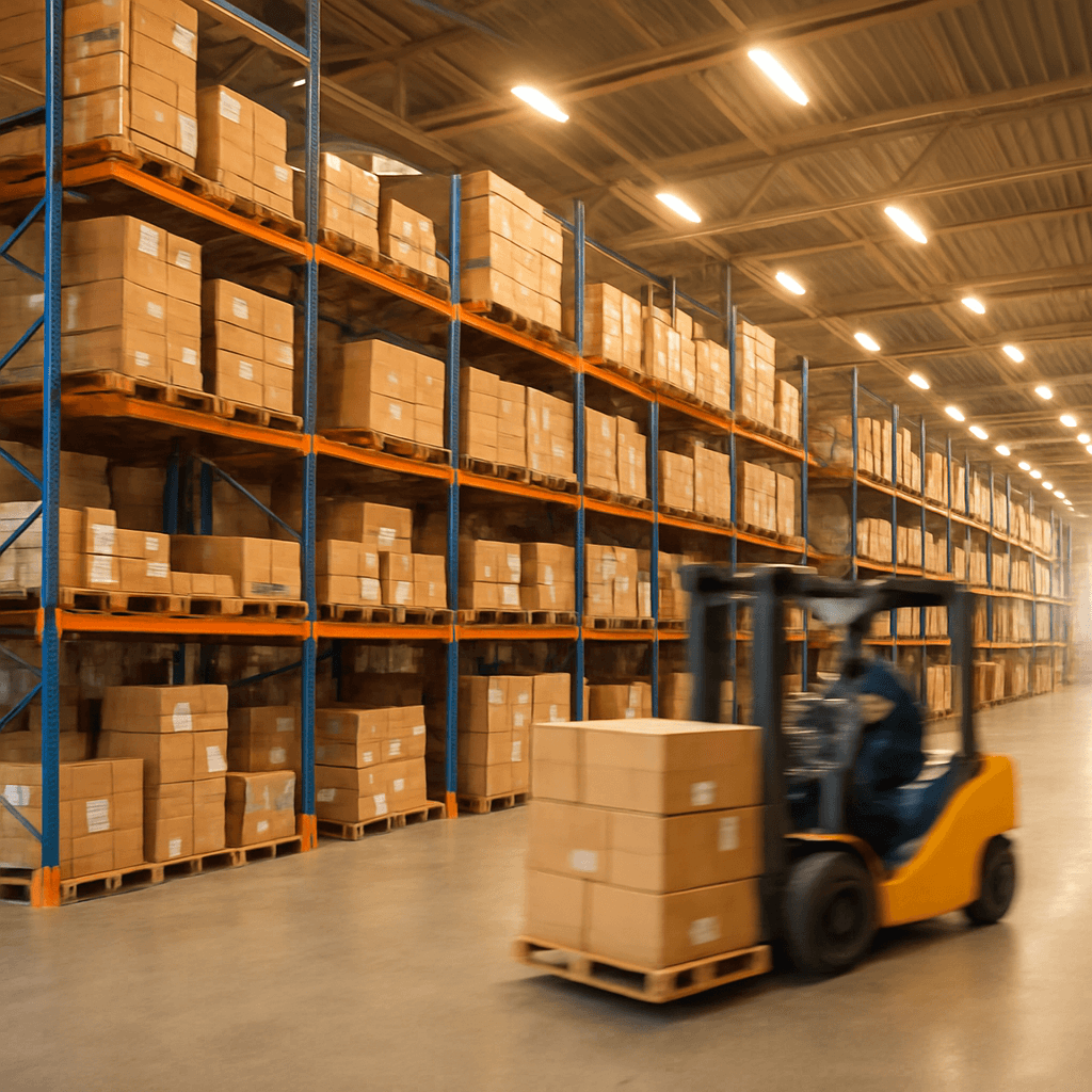 Modern warehouse interior with organized shelving